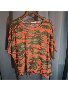 Full Circle Threads Orange and Green Camouflage Mesh Top with Drawstring Hem